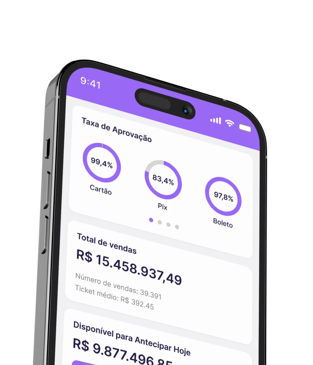 Celular com o app da Appmax mostrando pedidos aprovados